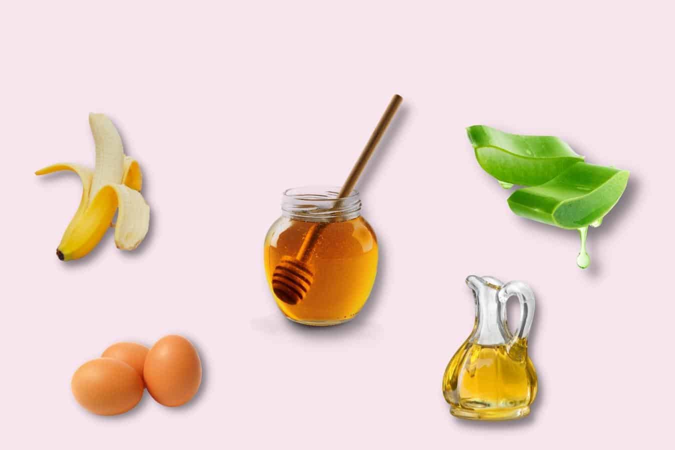 image of banana, eggs, honey, olive oil and aloe vera